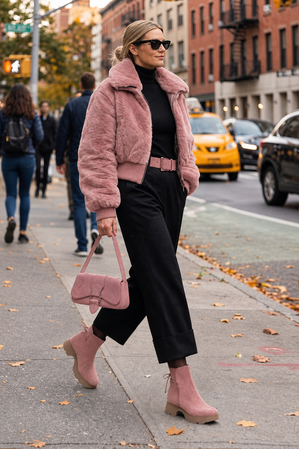 Women's dusty rose back lace-up ankle boots with round toe and chunky rubber sculpted sole - Top view